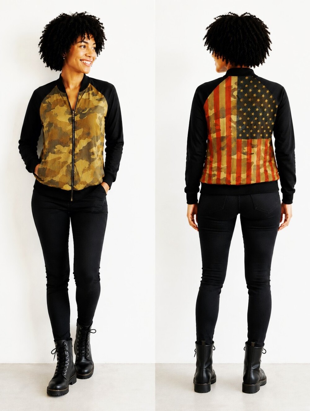 Kendall & Kylie Camo Front Bomber Jacket with Flag on Back, Black Sleeves, Sz L